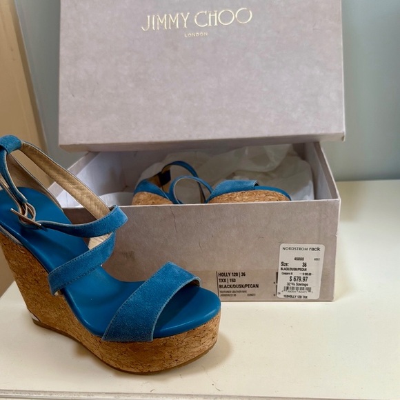 “Jimmy Choo” Women’s Wedge Sandals in Blue Suede pre-owned Size: 35 - Picture 13 of 14